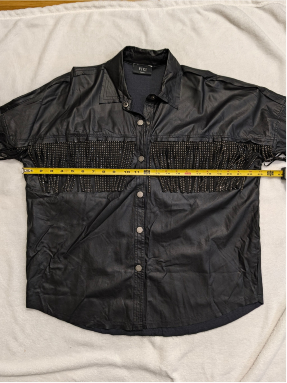 VICI Black Faux Leather Rhinestone Fringe Button Down Shirt Size Small - Picture 10 of 11